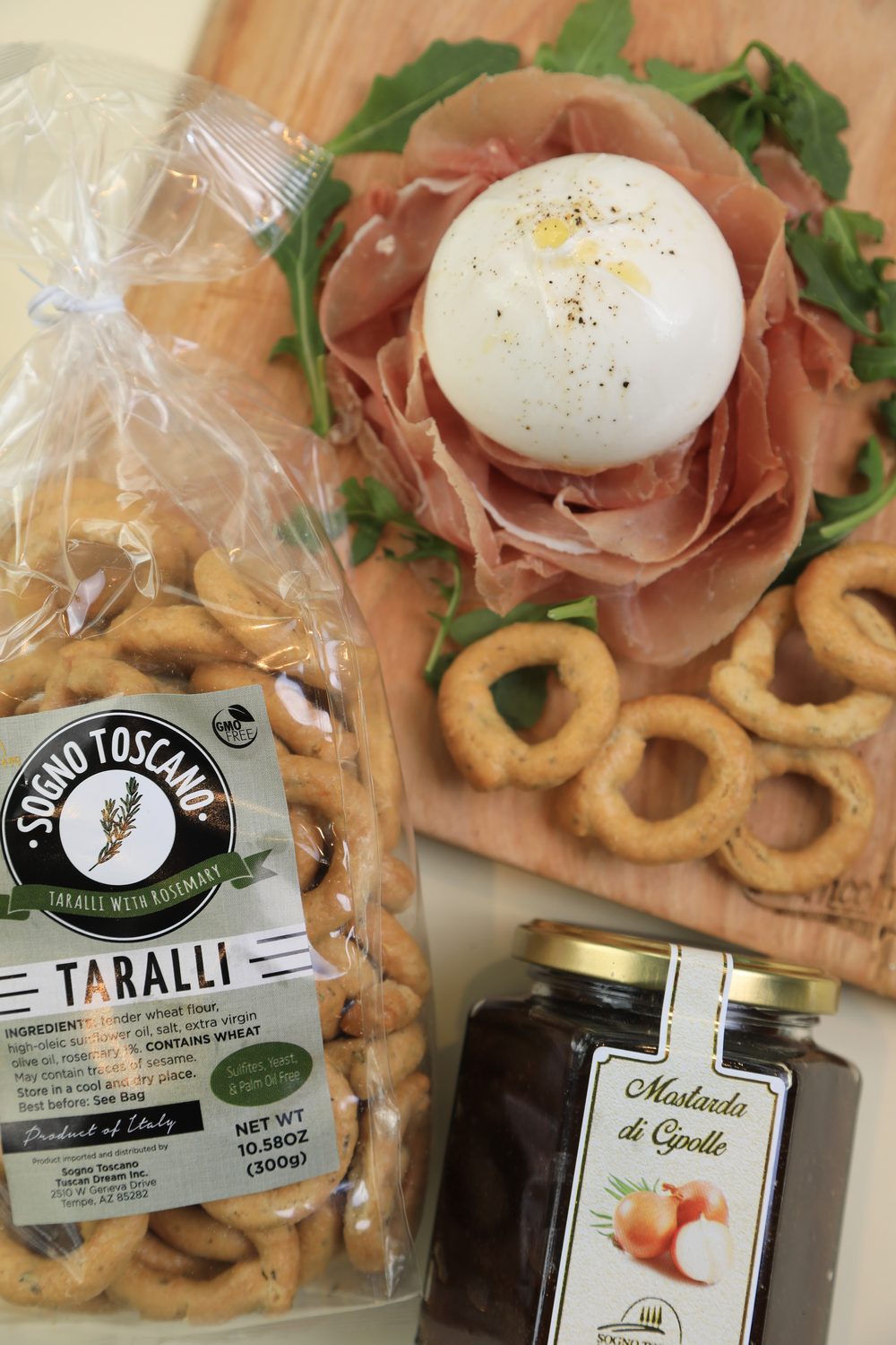 Burrata with prosciutto, taralli and Sogno Toscano pantry