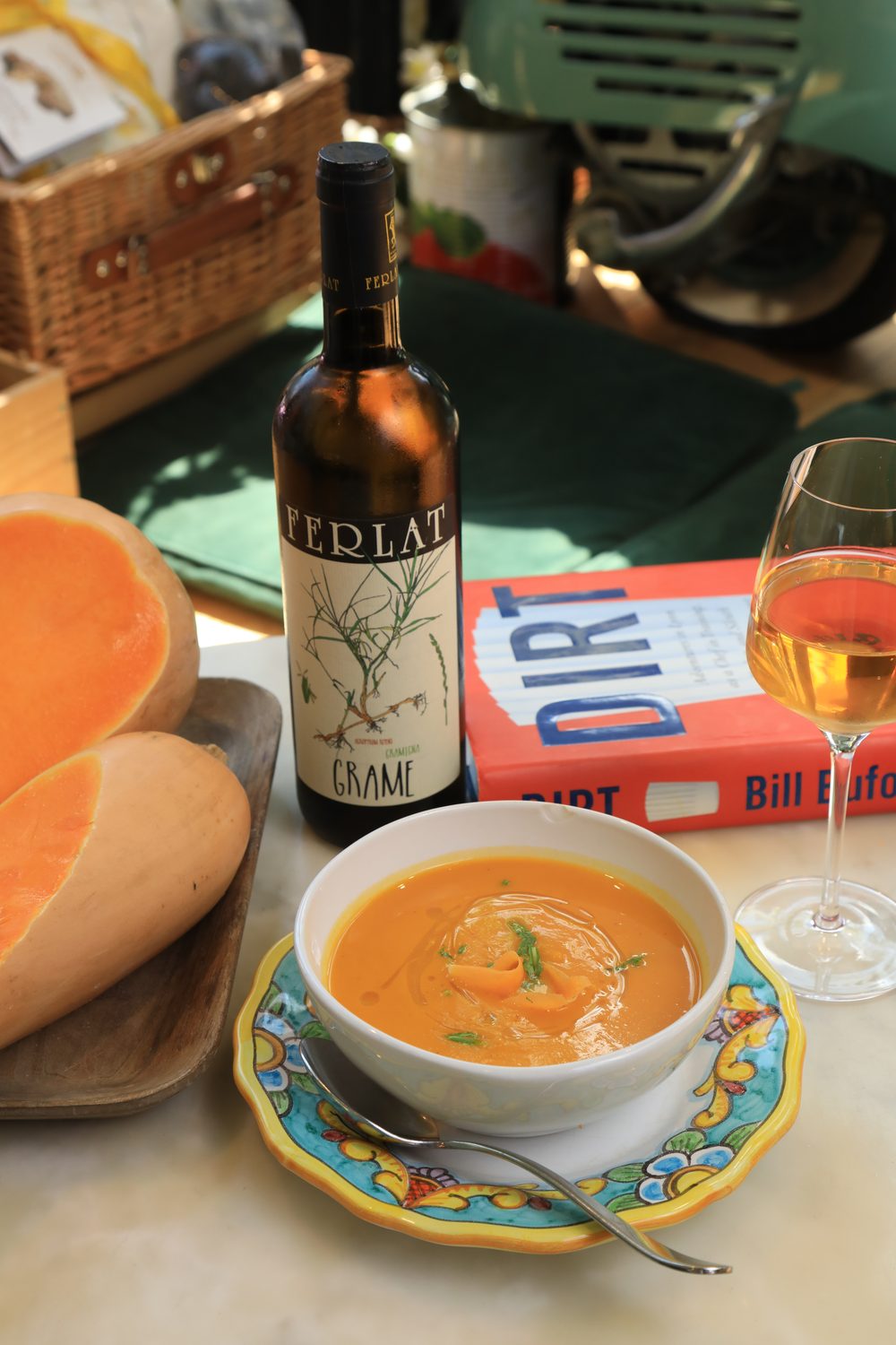 Pumpkin soup with a glass of white wine