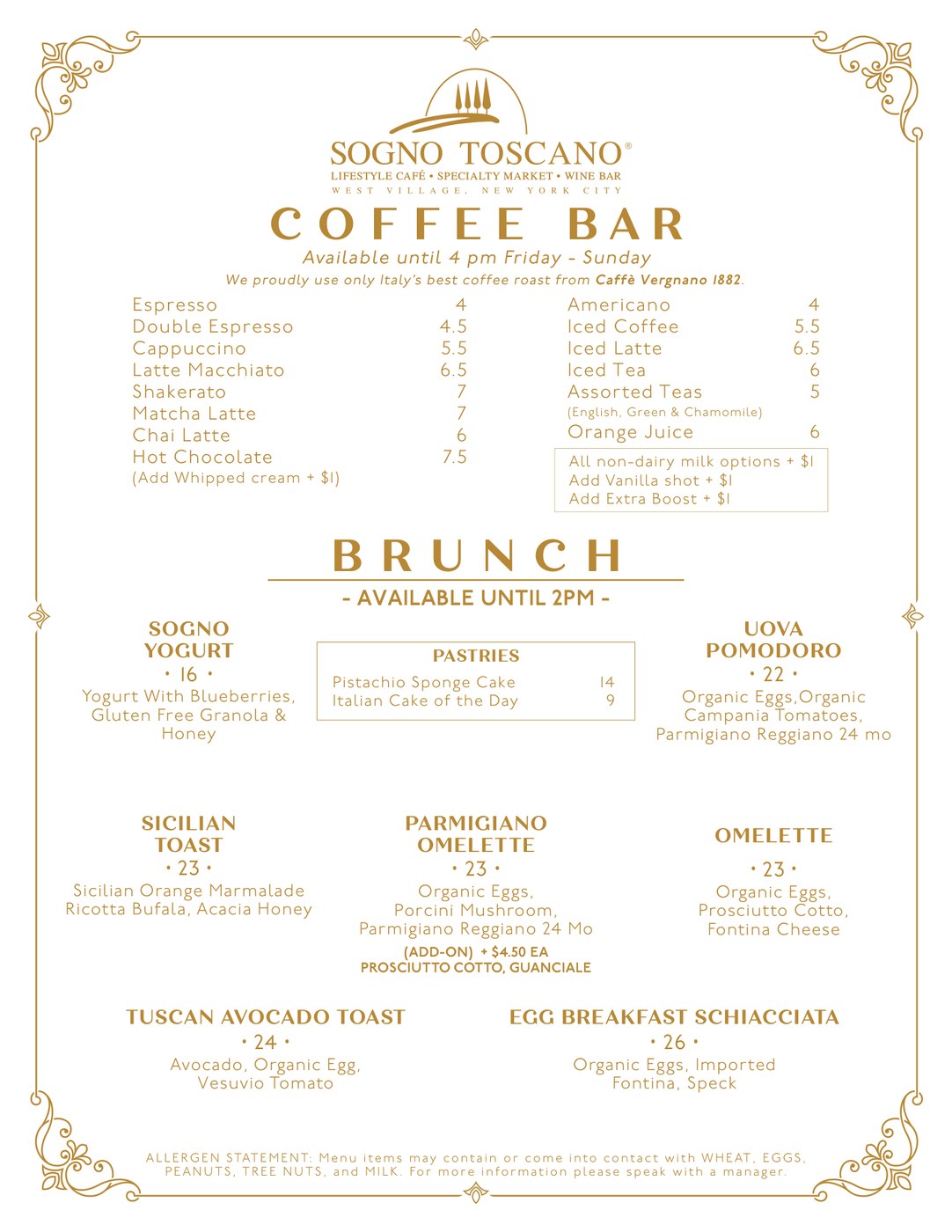 Sogno Toscano West Village menu, page 1: coffee bar and brunch